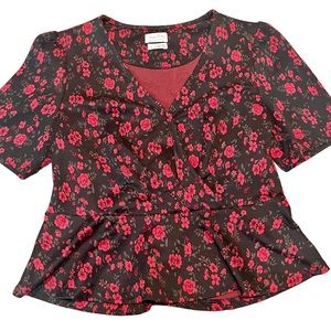 Anthro Brand - Meadow Rue Black floral print wrap shirt peplum